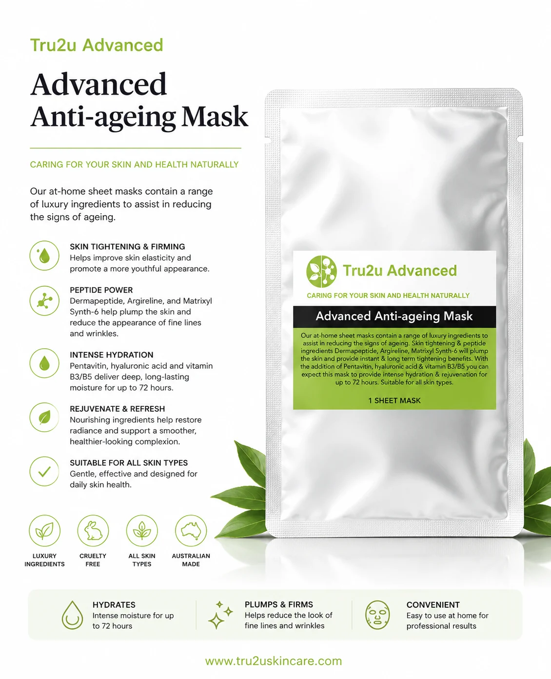 Tru2u Advanced Anti-Ageing Mask single facial sheet mask with peptides and hydrating skincare ingredients