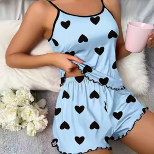 Ladies Pyjamas two-piece summer chiffon set in light blue with black heart print, camisole top and matching shorts