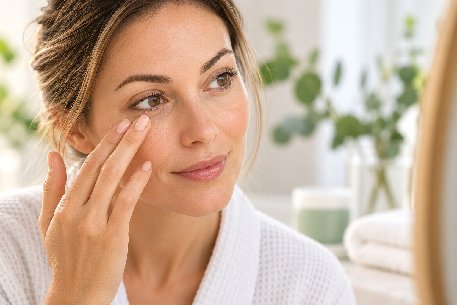 Woman gently caring for the dark circles under eyes
