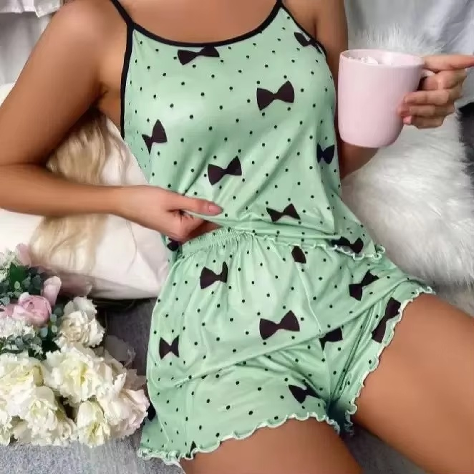 Ladies Pyjamas two-piece summer chiffon set in light blue with black heart print, camisole top and matching shorts