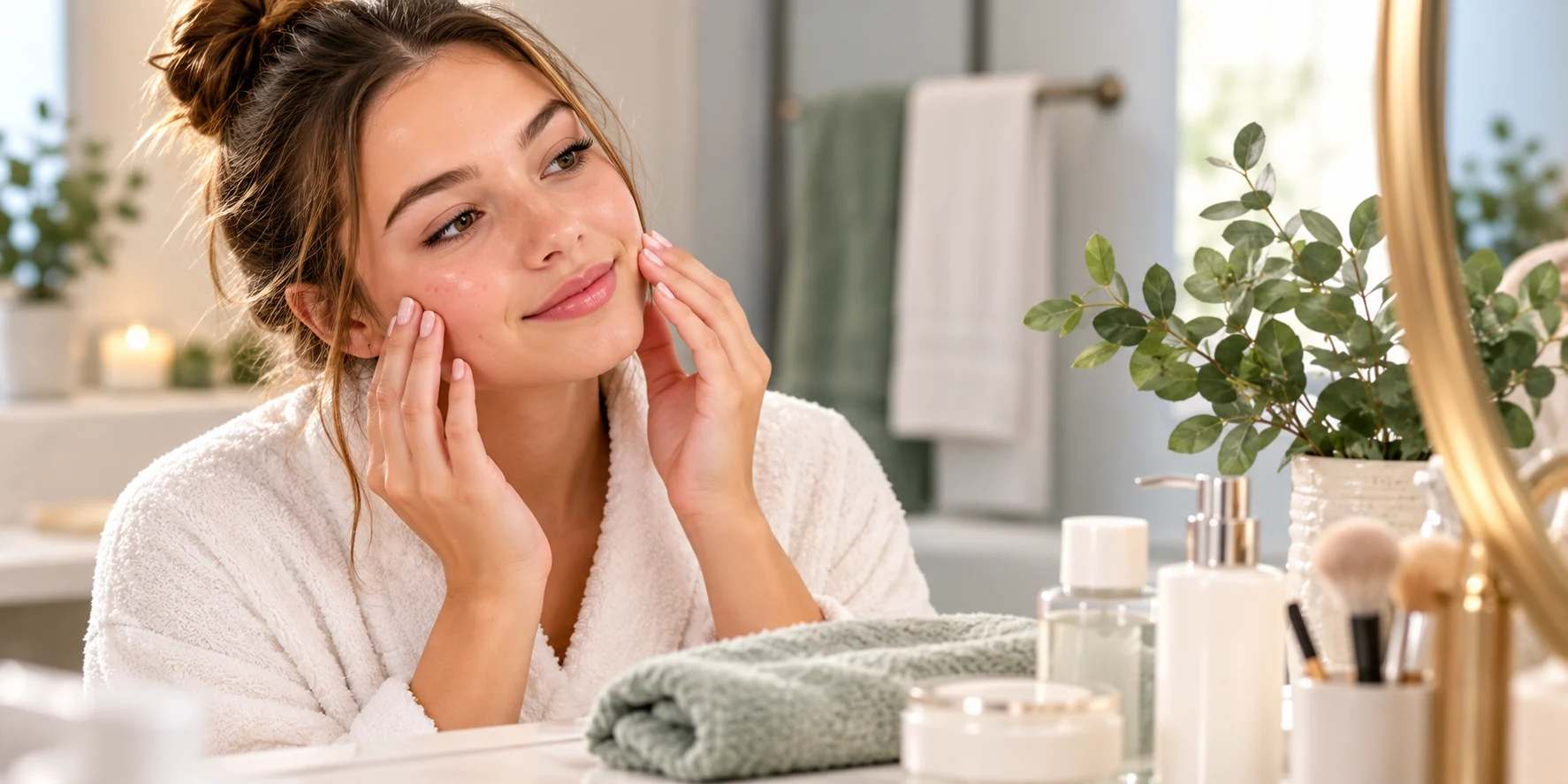 Young woman examining her skin as part of learning how to identify your skin type and choose a suitable skincare routine.