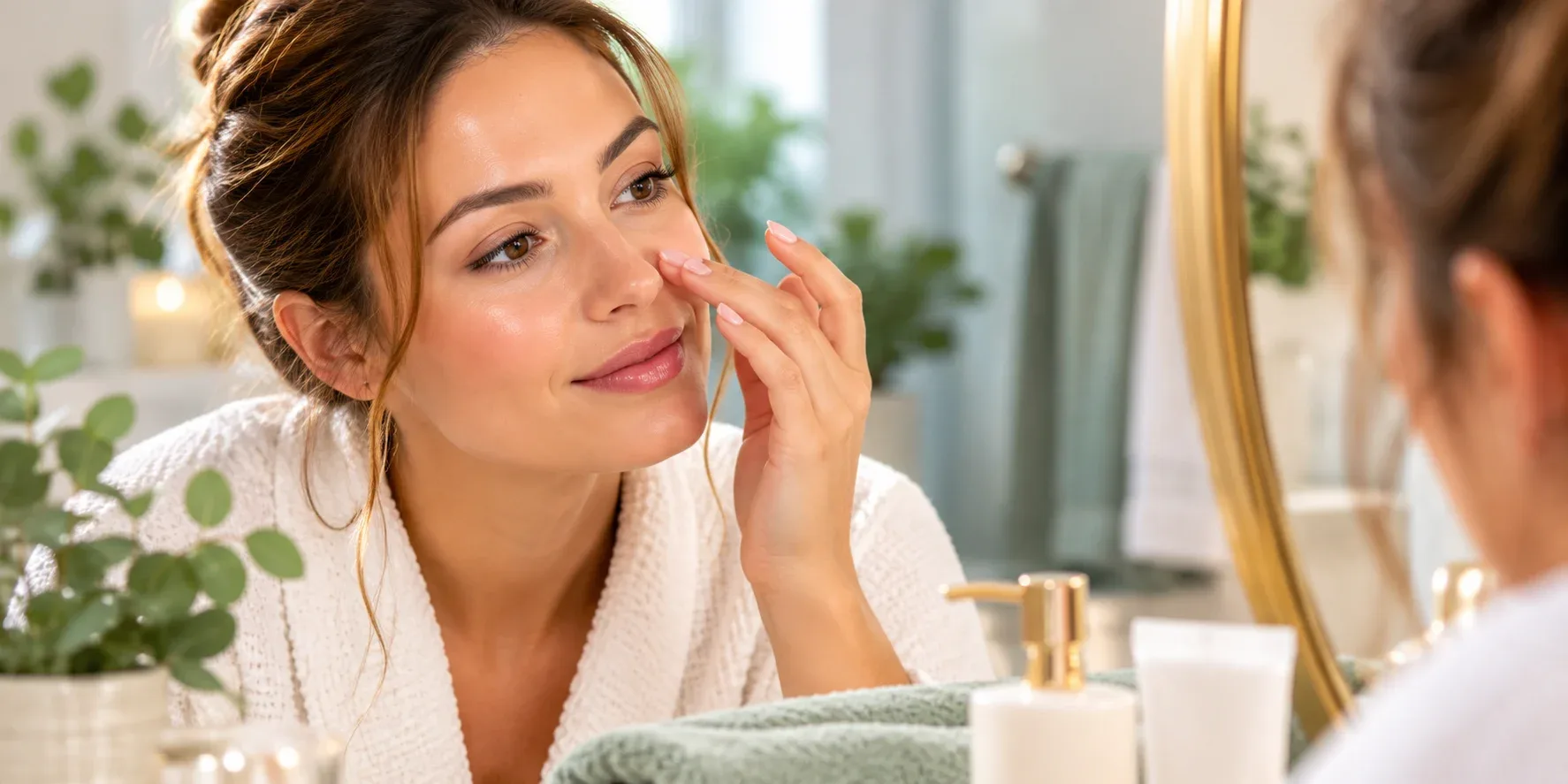 Woman gently examining the skin around her nose while learning how to minimise the appearance of pores with a suitable skincare routine.