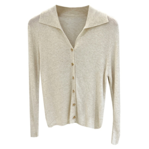 Ladies Long Sleeve Button Up Shirt in white, featuring a knitted design and V-neck collar
