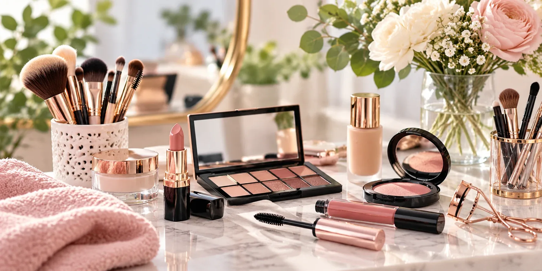 Makeup tips for beginners featuring an arrangement of makeup brushes, eyeshadow, lipstick, mascara and blush on a stylish beauty vanity.