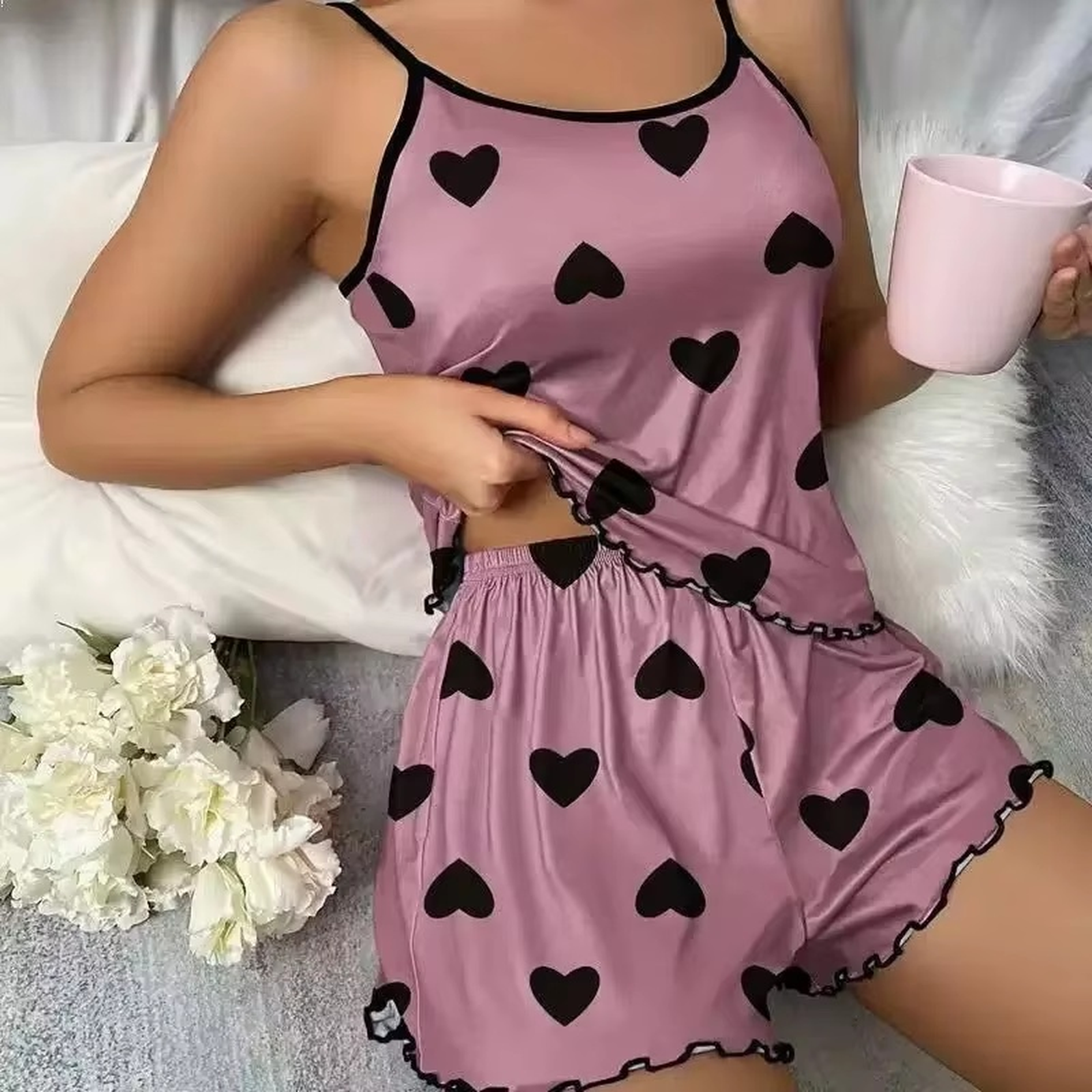 Ladies Pyjamas two-piece summer chiffon set in light blue with black heart print, camisole top and matching shorts