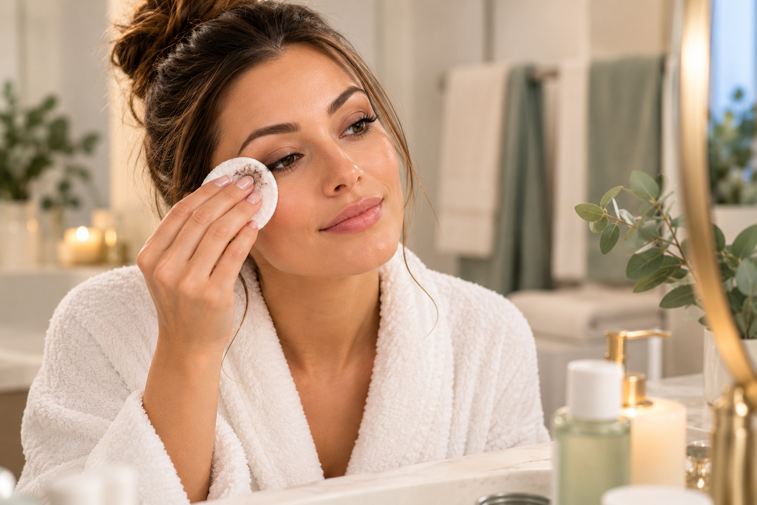 Woman using a soft cleansing pad to remove makeup before bed as part of her gentle evening skincare routine