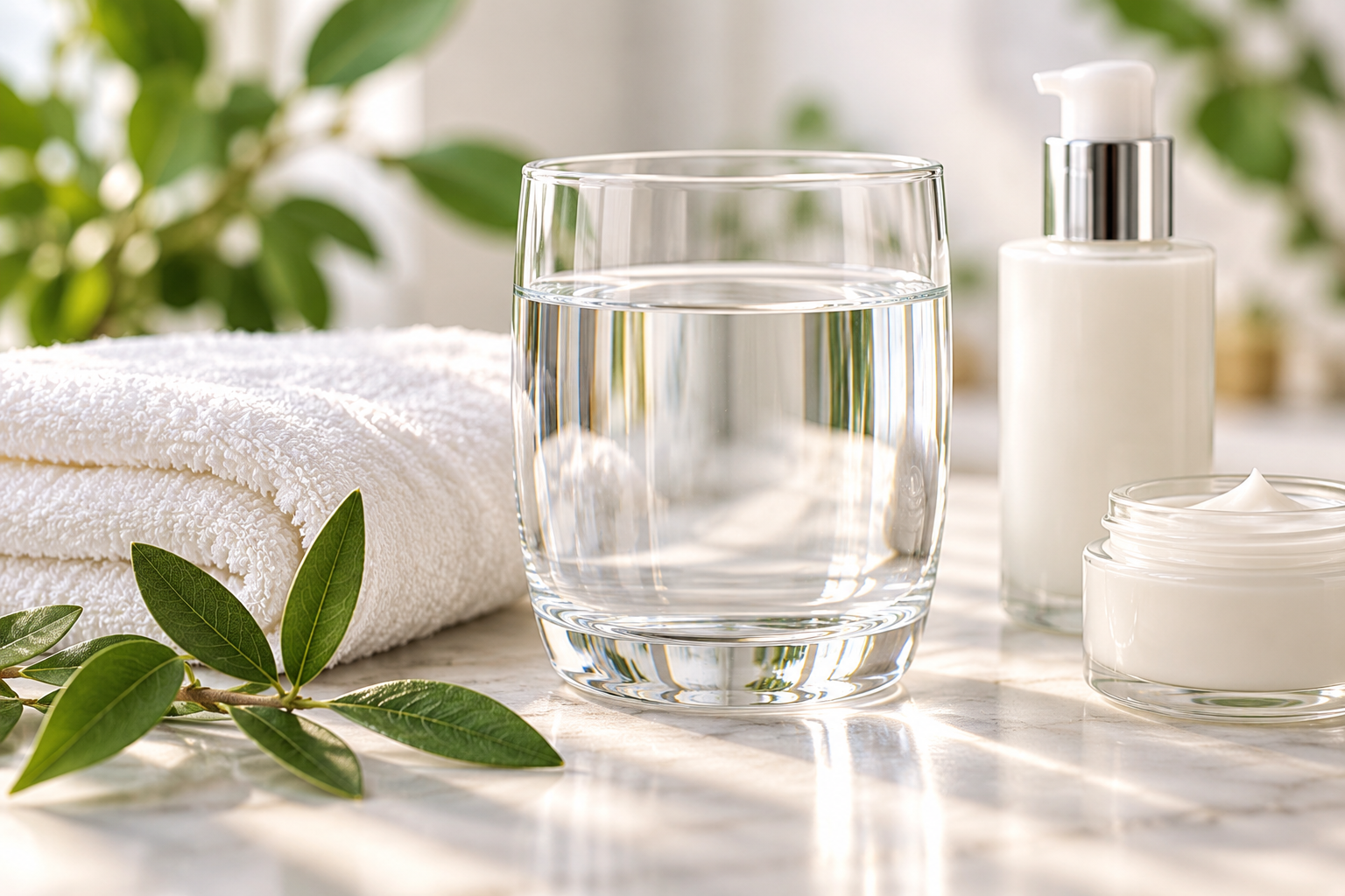 Glass of fresh water, white towel, skincare moisturisers illustrating water and skin hydration