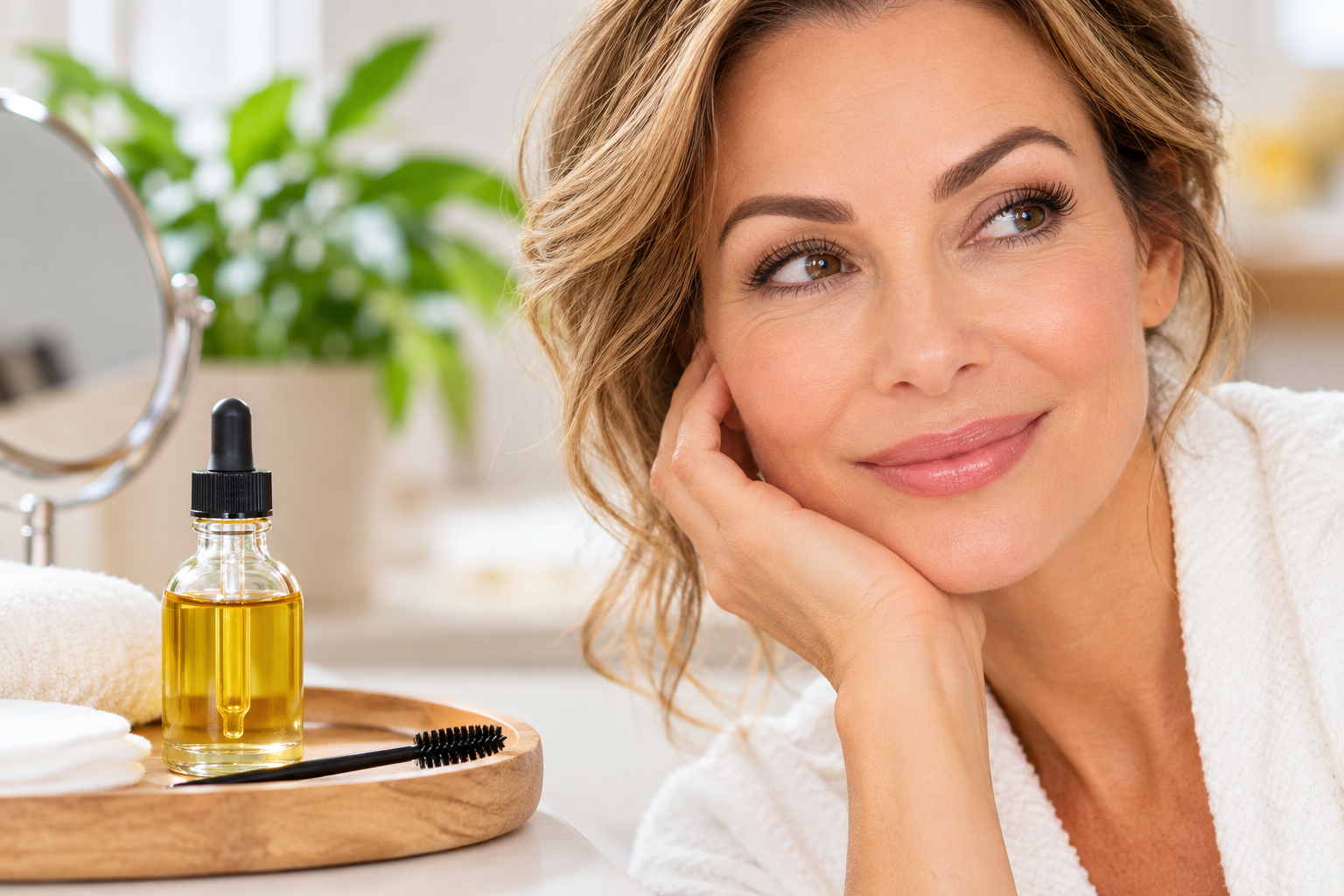 How to thicken your eyebrows: woman with naturally defined brows beside a grooming brush and conditioning oil